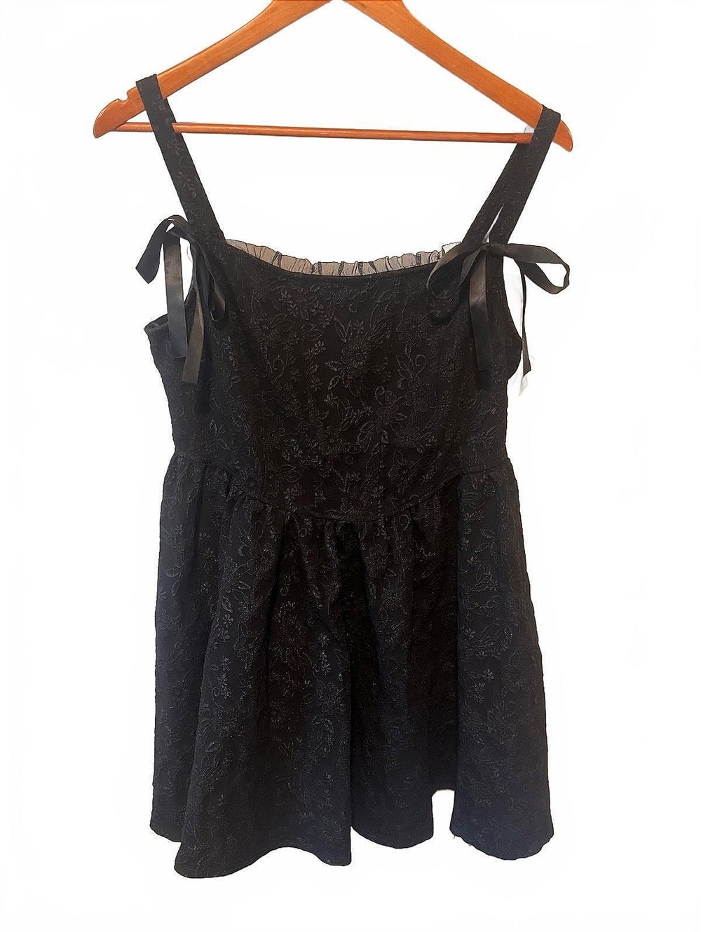 Trixxi Black Floral Brocade Mini Dress Tie Strap Mesh Trim L Y2K Whimsigoth